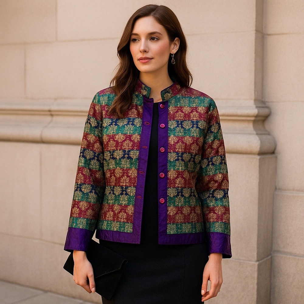 Coldwater Creek Boho Floral Jewel Tones Brocade Embroidered Jacket PL Silk Lined